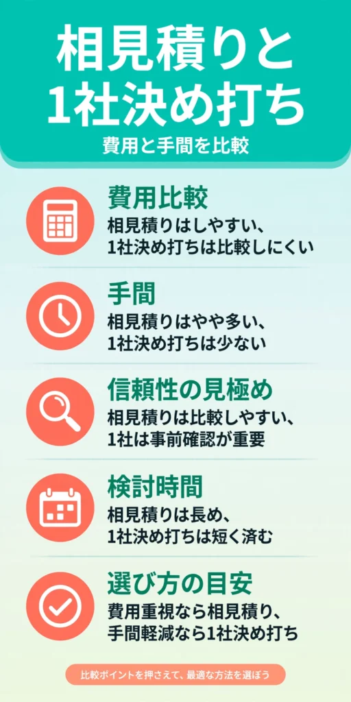 蓄電池の相見積もりと1社決め打ちの違いをまとめたインフォグラフィック