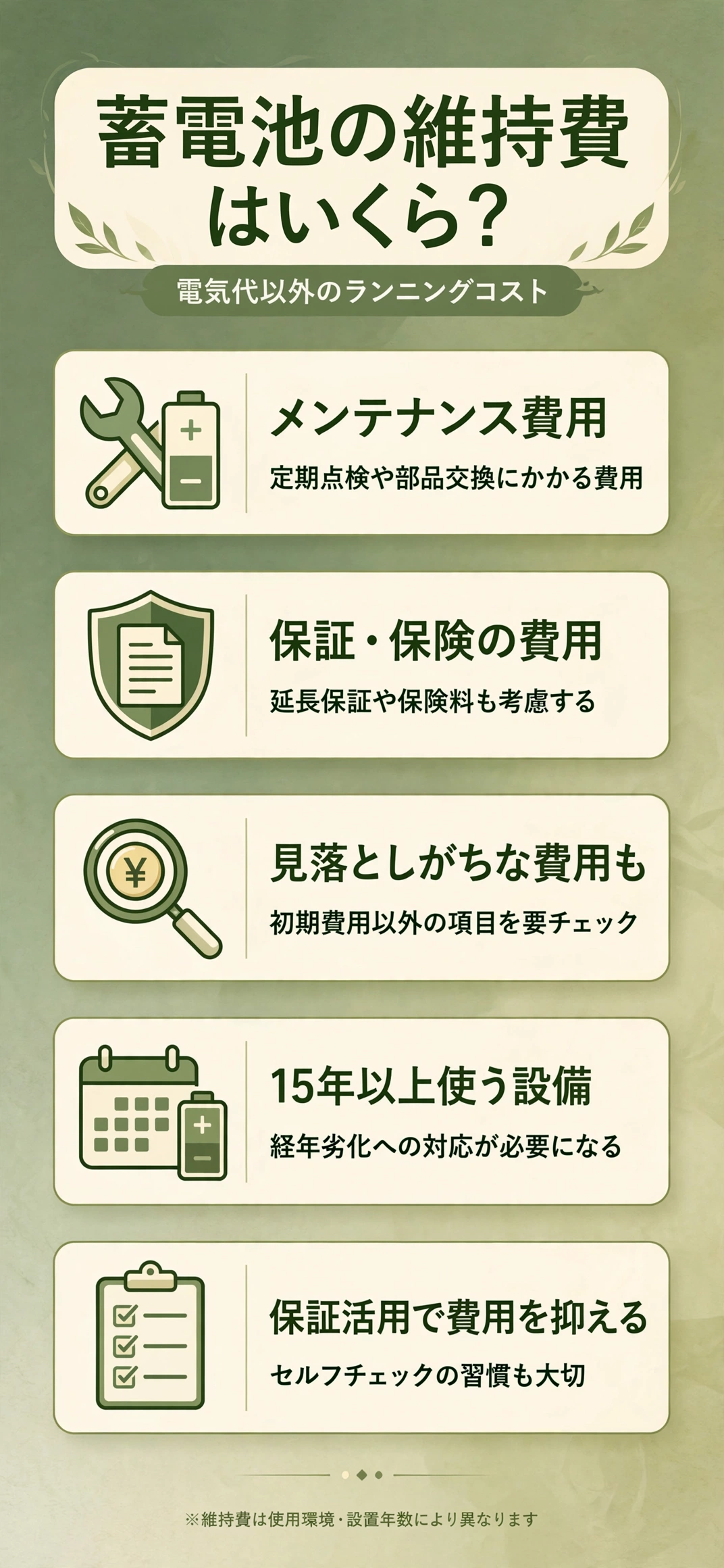 蓄電池の維持費の内訳と抑える方法をまとめたインフォグラフィック