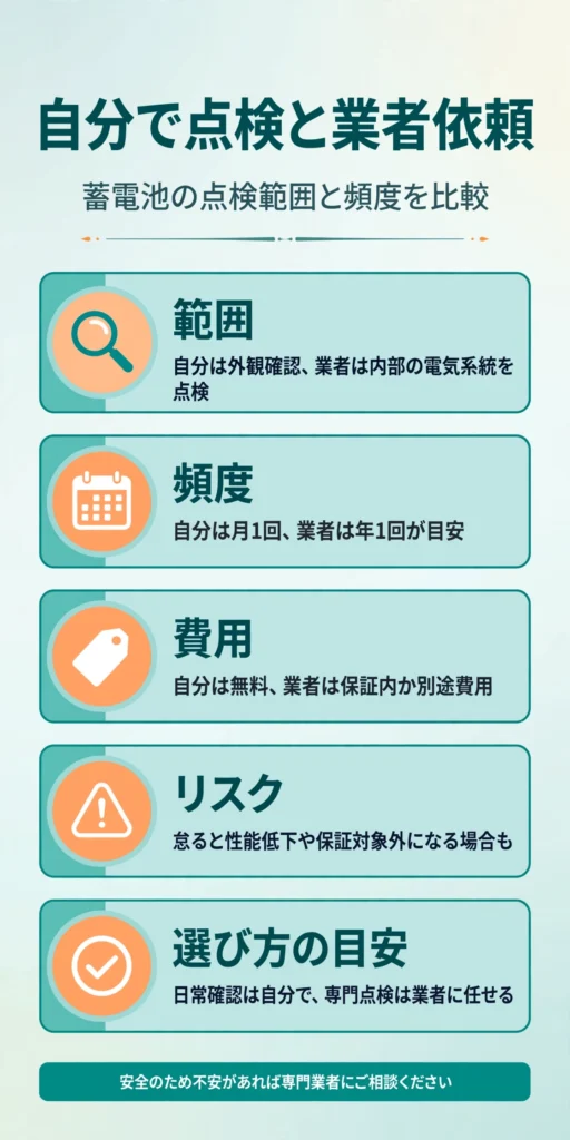 蓄電池の点検を自分で行う場合と業者に依頼する場合の違いをまとめたインフォグラフィック
