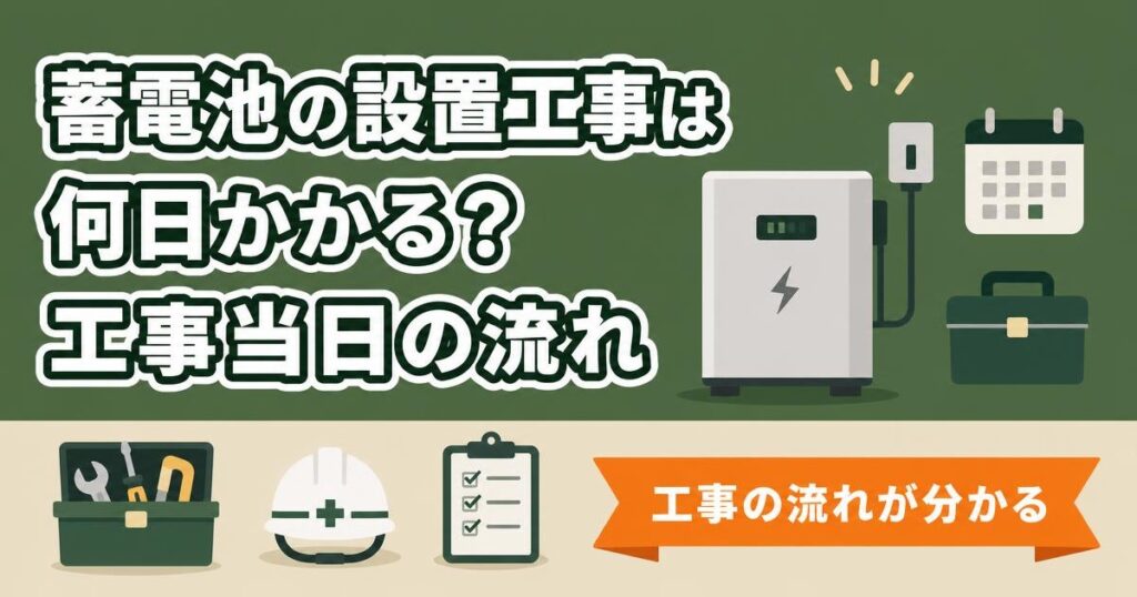 蓄電池の設置工事にかかる日数と工事当日の流れを示すイラスト