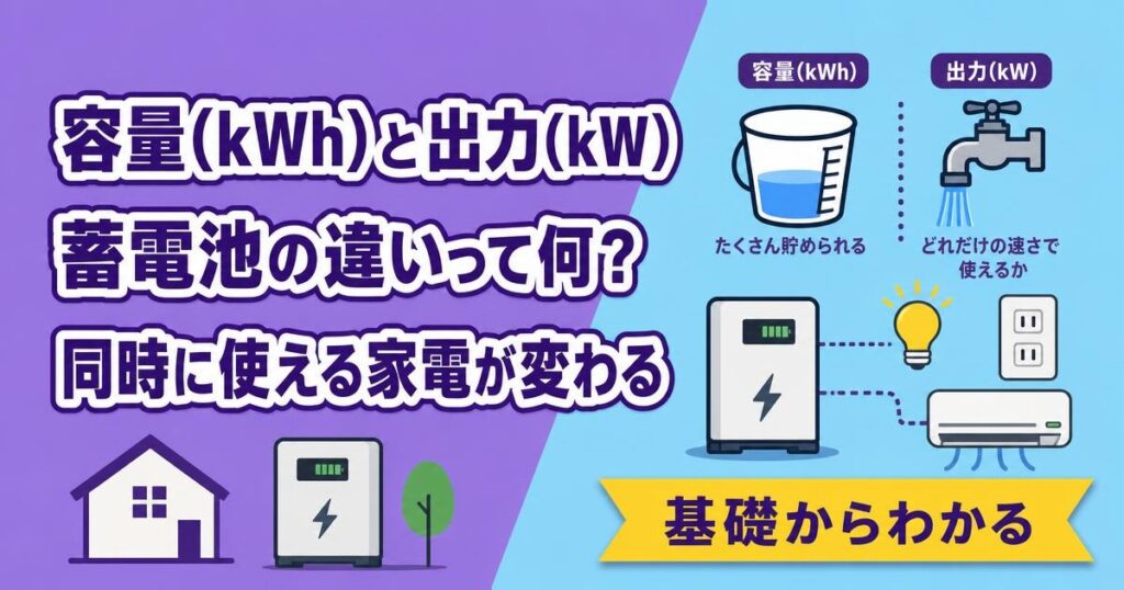 蓄電池の容量kWhと出力kWの違いを説明するイラスト