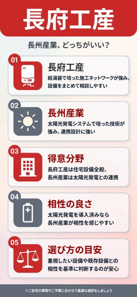 蓄電池メーカーの長府工産と長州産業の特徴の違いをまとめたインフォグラフィック