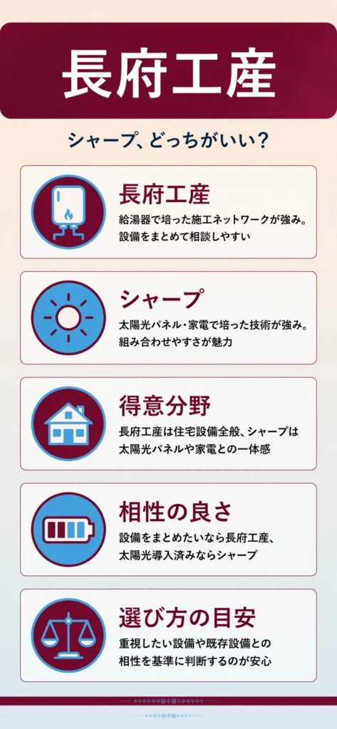 蓄電池メーカーの長府工産とシャープの特徴の違いをまとめたインフォグラフィック