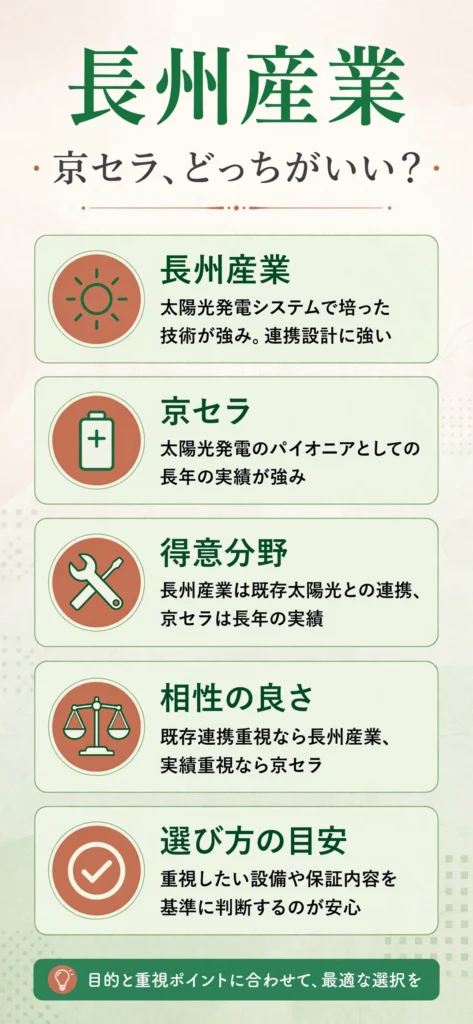蓄電池メーカーの長州産業と京セラの特徴の違いをまとめたインフォグラフィック