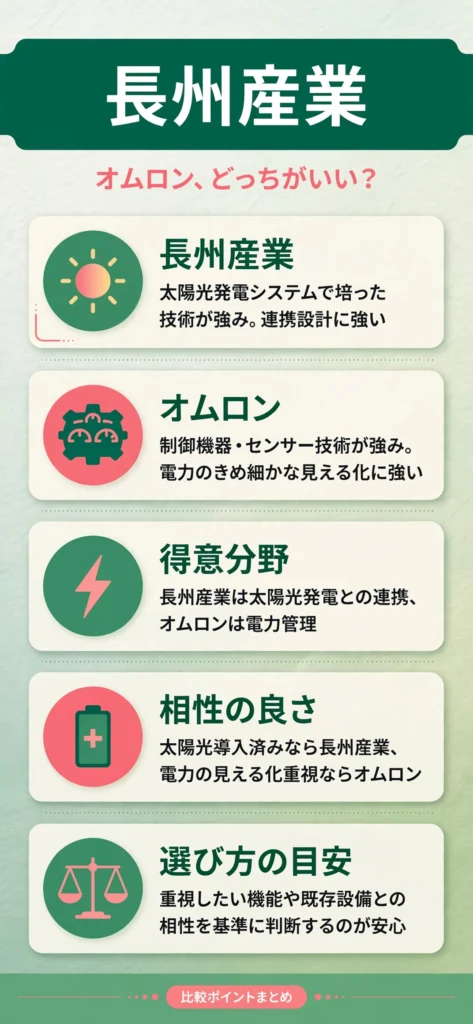 蓄電池メーカーの長州産業とオムロンの特徴の違いをまとめたインフォグラフィック