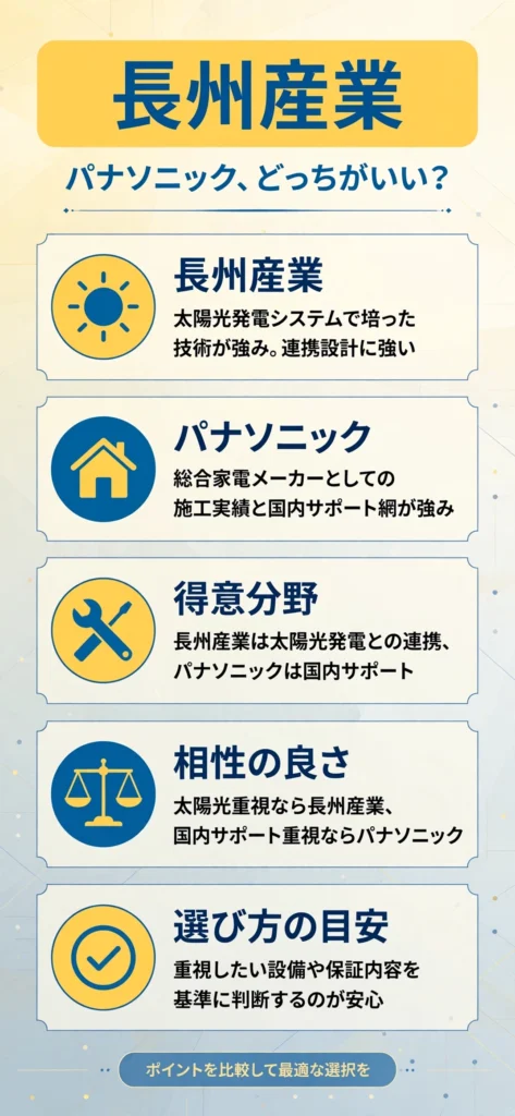 蓄電池メーカーの長州産業とパナソニックの特徴の違いをまとめたインフォグラフィック