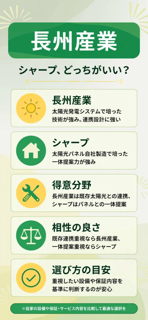蓄電池メーカーの長州産業とシャープの特徴の違いをまとめたインフォグラフィック