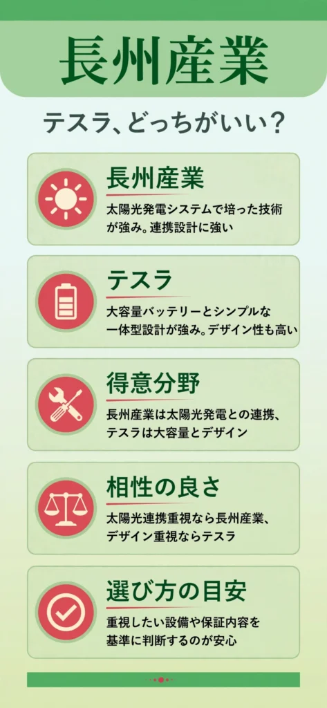 蓄電池メーカーの長州産業とテスラの特徴の違いをまとめたインフォグラフィック