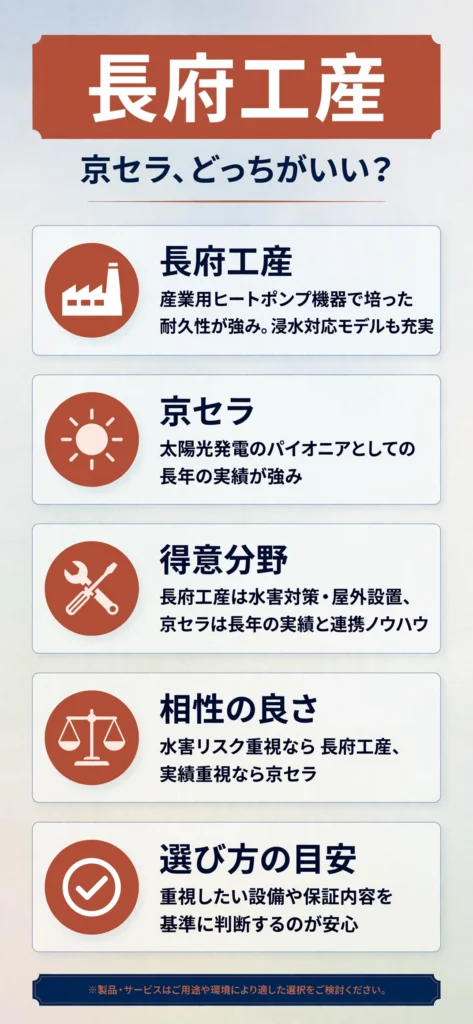 蓄電池メーカーの長府工産と京セラの特徴の違いをまとめたインフォグラフィック