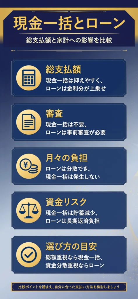 蓄電池の現金一括とローンの違いをまとめたインフォグラフィック