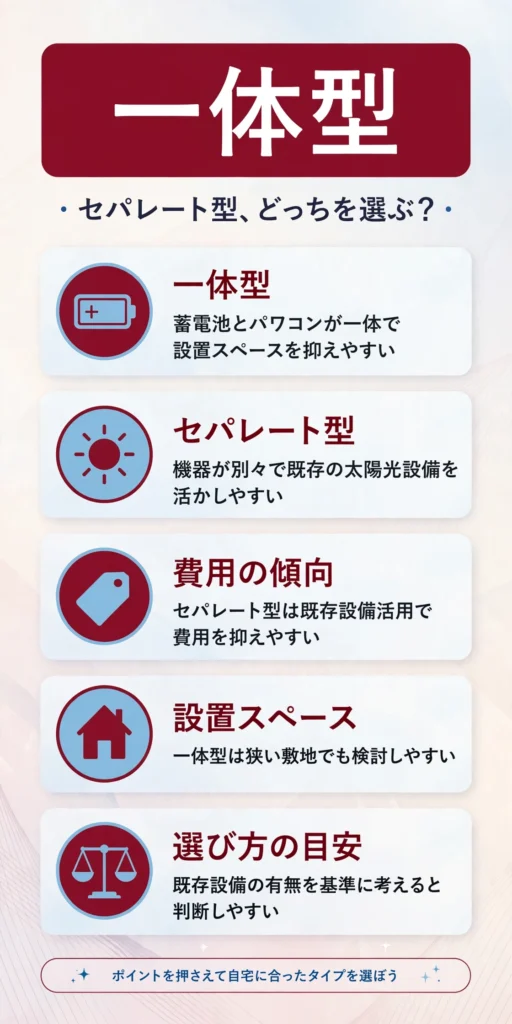 蓄電池の一体型とセパレート型の構成の違いをまとめたインフォグラフィック
