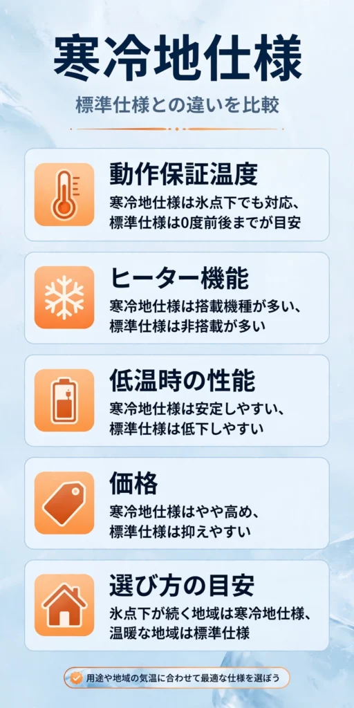 蓄電池の寒冷地仕様と標準仕様の違いをまとめたインフォグラフィック