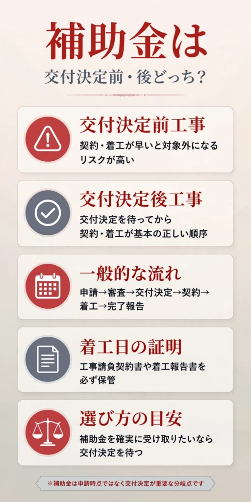 蓄電池補助金の交付決定前工事と交付決定後工事の違いをまとめたインフォグラフィック
