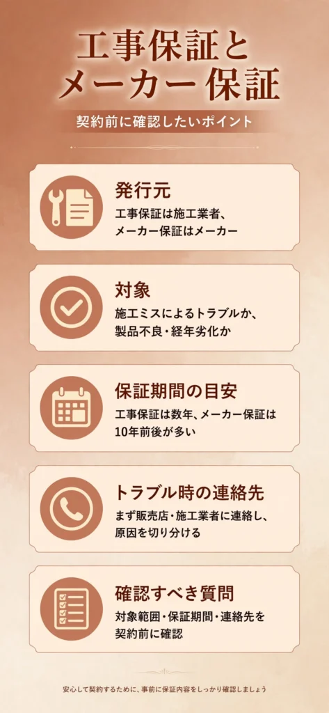 工事保証とメーカー保証の違いをまとめたインフォグラフィック
