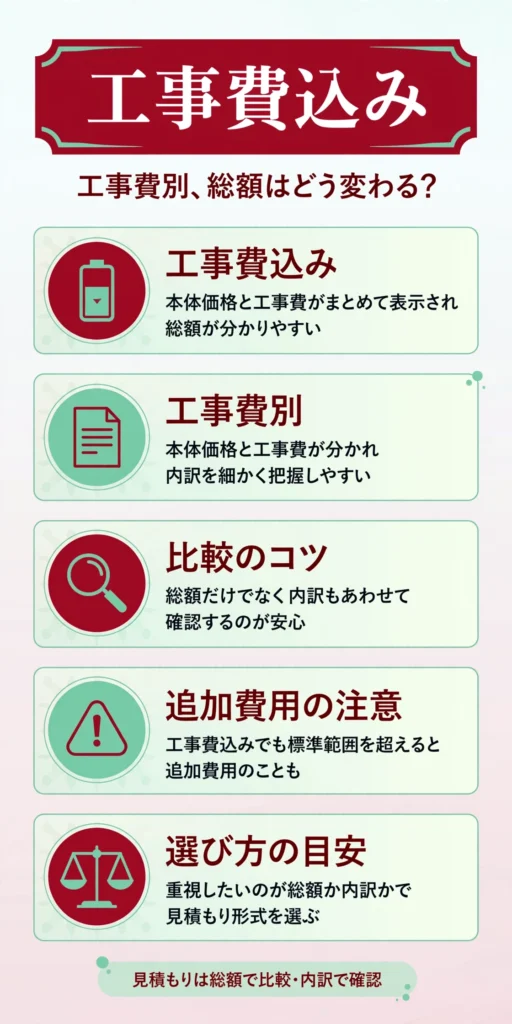 蓄電池の見積もりにおける工事費込みと工事費別の違いをまとめたインフォグラフィック