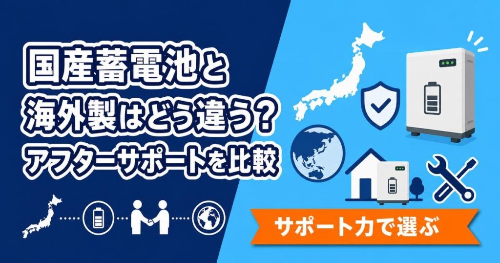 国産蓄電池と海外製蓄電池のアフターサポートを比較するイラスト