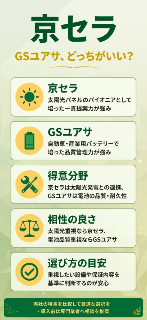 蓄電池メーカーの京セラとGSユアサの特徴の違いをまとめたインフォグラフィック