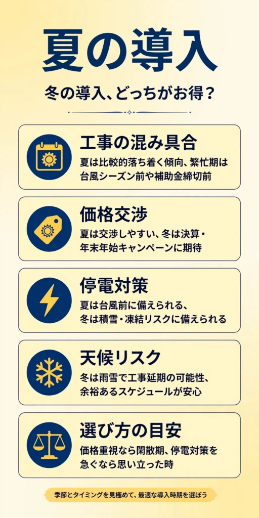 蓄電池の夏の導入と冬の導入の違いをまとめたインフォグラフィック