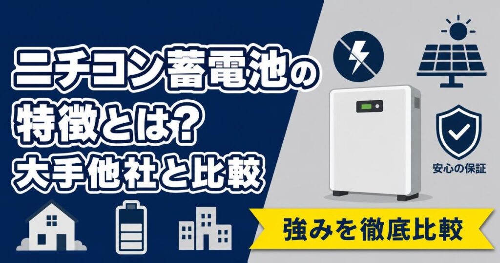 ニチコン蓄電池の特徴と大手他社との比較を示すイラスト