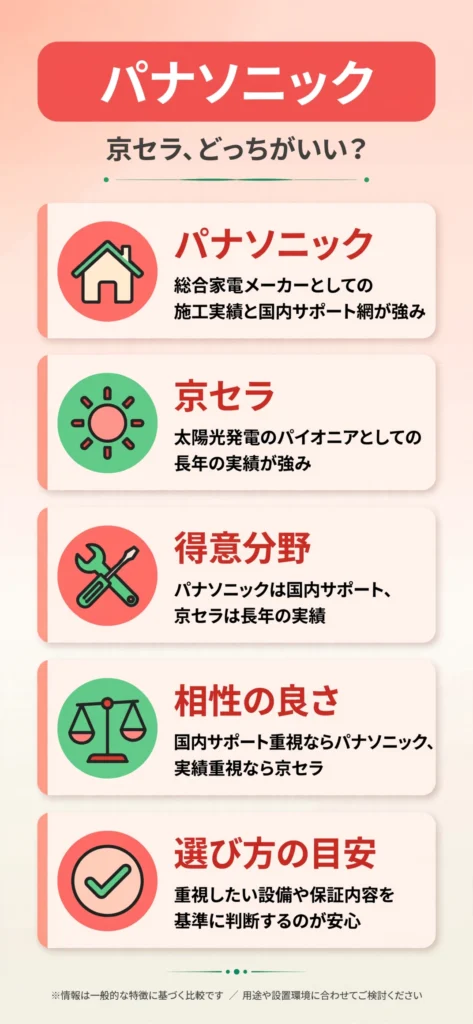 蓄電池メーカーのパナソニックと京セラの特徴の違いをまとめたインフォグラフィック