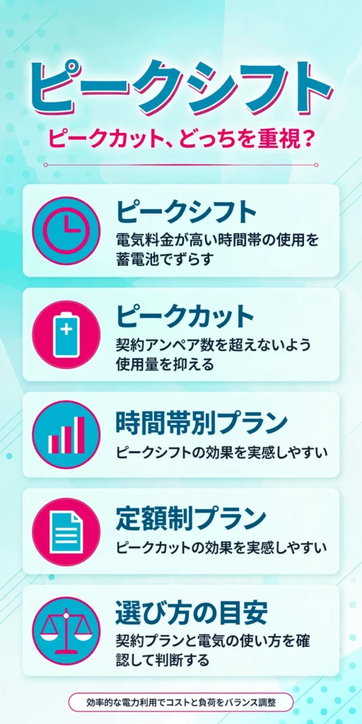 蓄電池の活用方法におけるピークシフトとピークカットの違いをまとめたインフォグラフィック