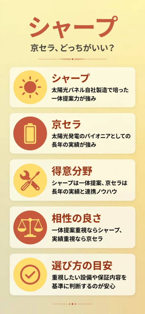 蓄電池メーカーのシャープと京セラの特徴の違いをまとめたインフォグラフィック