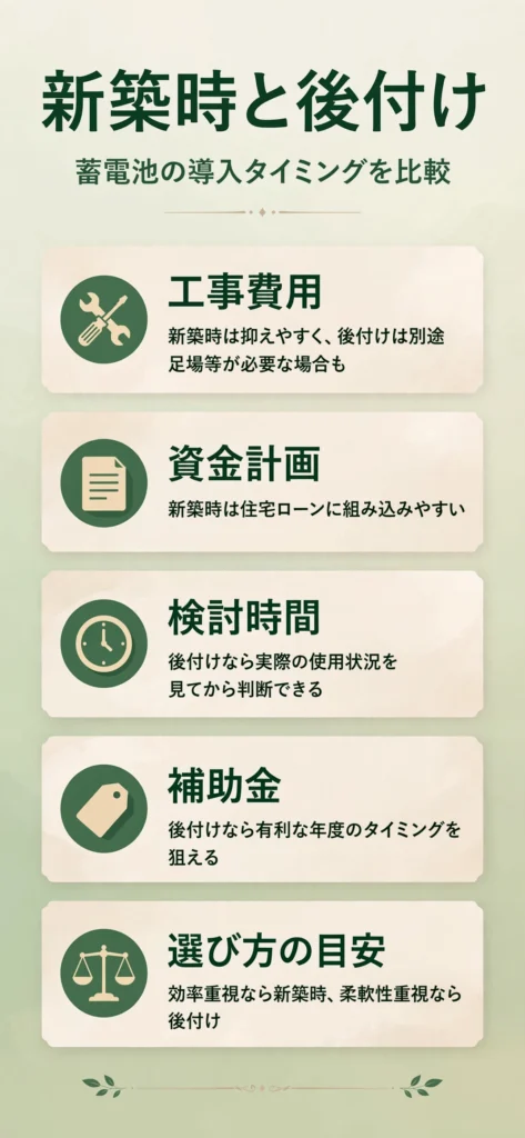 蓄電池の新築時導入と後付け導入の違いをまとめたインフォグラフィック