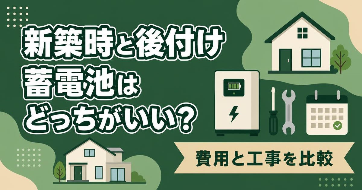 蓄電池の新築時導入と後付け導入の違いを比較するイメージ