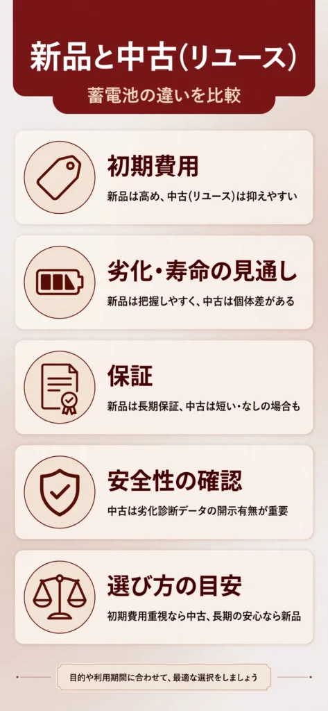 新品蓄電池と中古(リユース)蓄電池の違いをまとめたインフォグラフィック