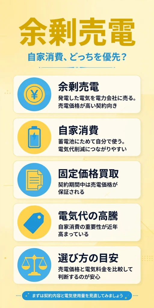 太陽光発電における余剰売電と自家消費の運用方針の違いをまとめたインフォグラフィック