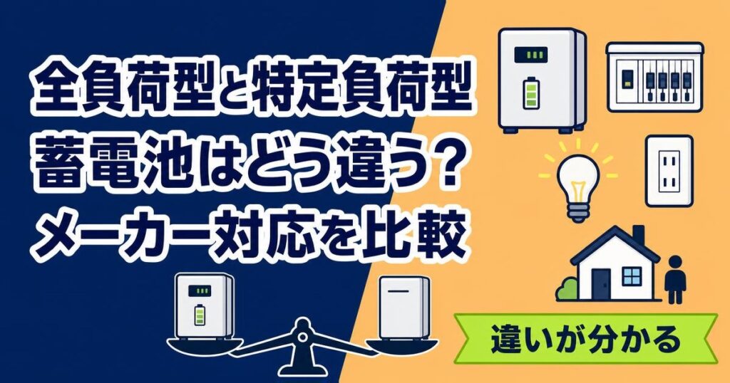 全負荷型と特定負荷型の蓄電池をメーカーごとに比較するイラスト