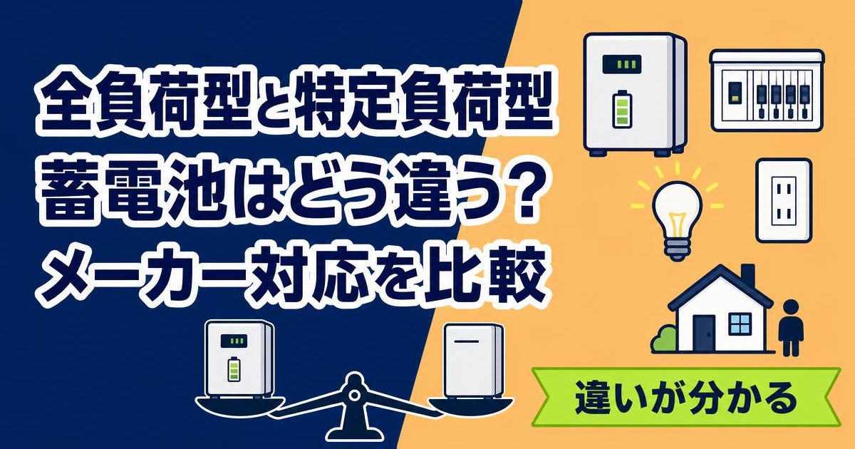 全負荷型と特定負荷型の蓄電池をメーカーごとに比較するイラスト